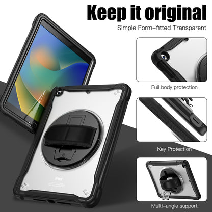 For iPad 10.2 (2021) / (2019) / (2020) PC+TPU Tablet Case Anti-Drop Rotating Kickstand Cover with Handle Strap