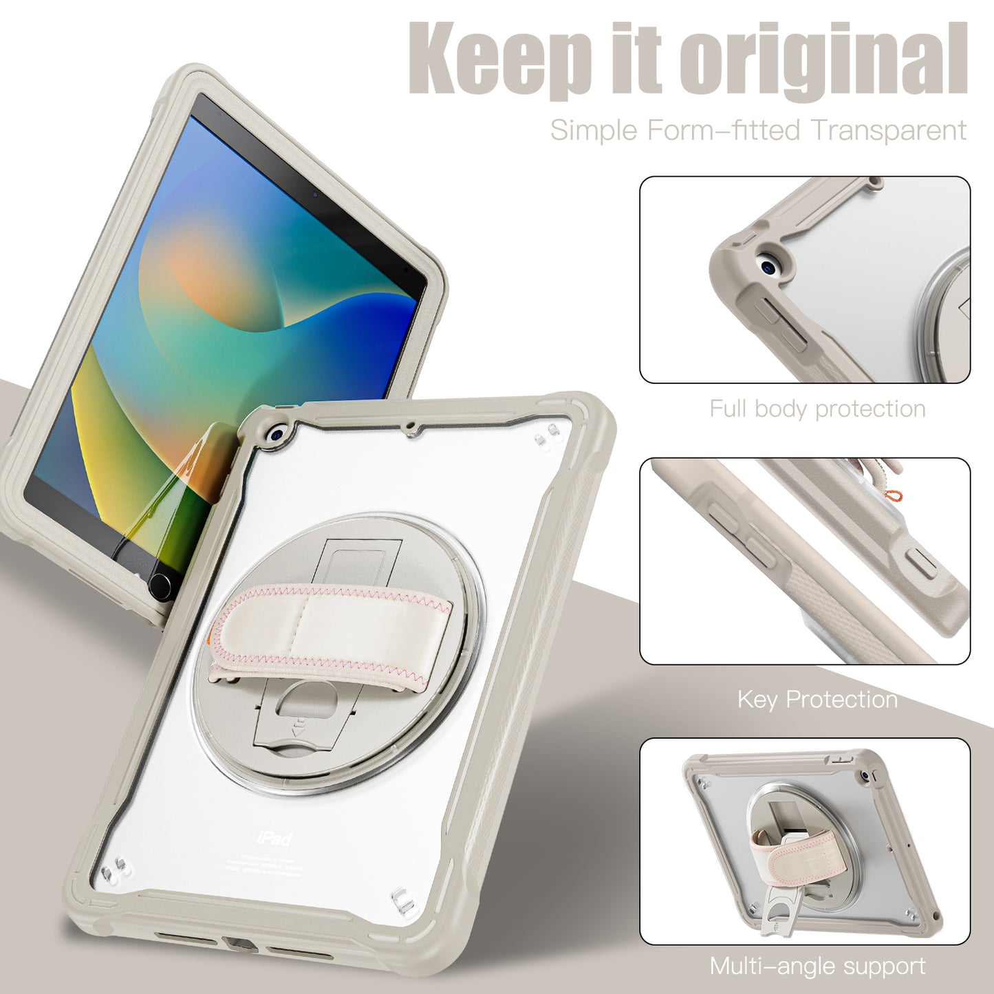 For iPad 10.2 (2021) / (2019) / (2020) PC+TPU Tablet Case Anti-Drop Rotating Kickstand Cover with Handle Strap