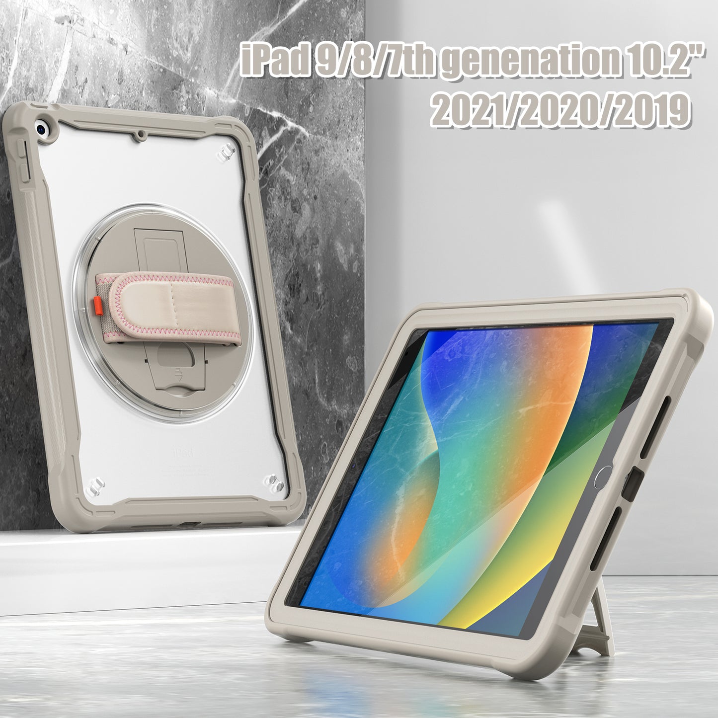 For iPad 10.2 (2021) / (2019) / (2020) PC+TPU Tablet Case Anti-Drop Rotating Kickstand Cover with Handle Strap