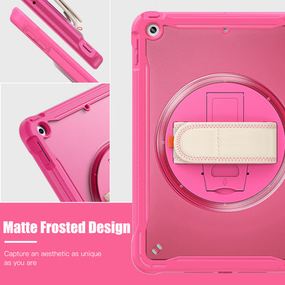 For iPad 10.2 (2021) / (2019) / (2020) PC+TPU Tablet Case Anti-Drop Rotating Kickstand Cover with Handle Strap