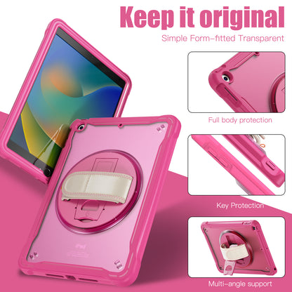 For iPad 10.2 (2021) / (2019) / (2020) PC+TPU Tablet Case Anti-Drop Rotating Kickstand Cover with Handle Strap