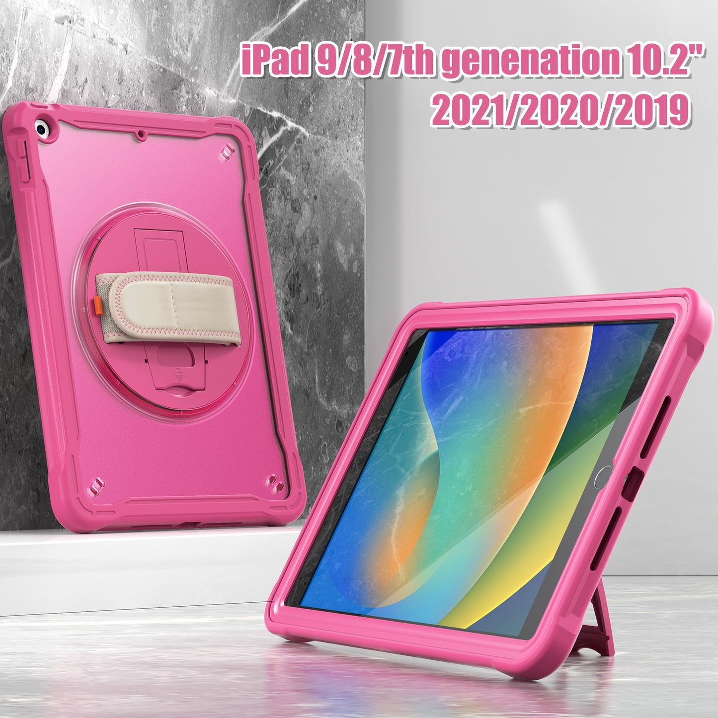 For iPad 10.2 (2021) / (2019) / (2020) PC+TPU Tablet Case Anti-Drop Rotating Kickstand Cover with Handle Strap