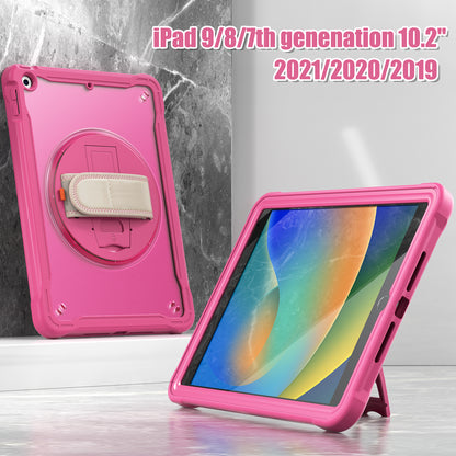 For iPad 10.2 (2021) / (2019) / (2020) PC+TPU Tablet Case Anti-Drop Rotating Kickstand Cover with Handle Strap
