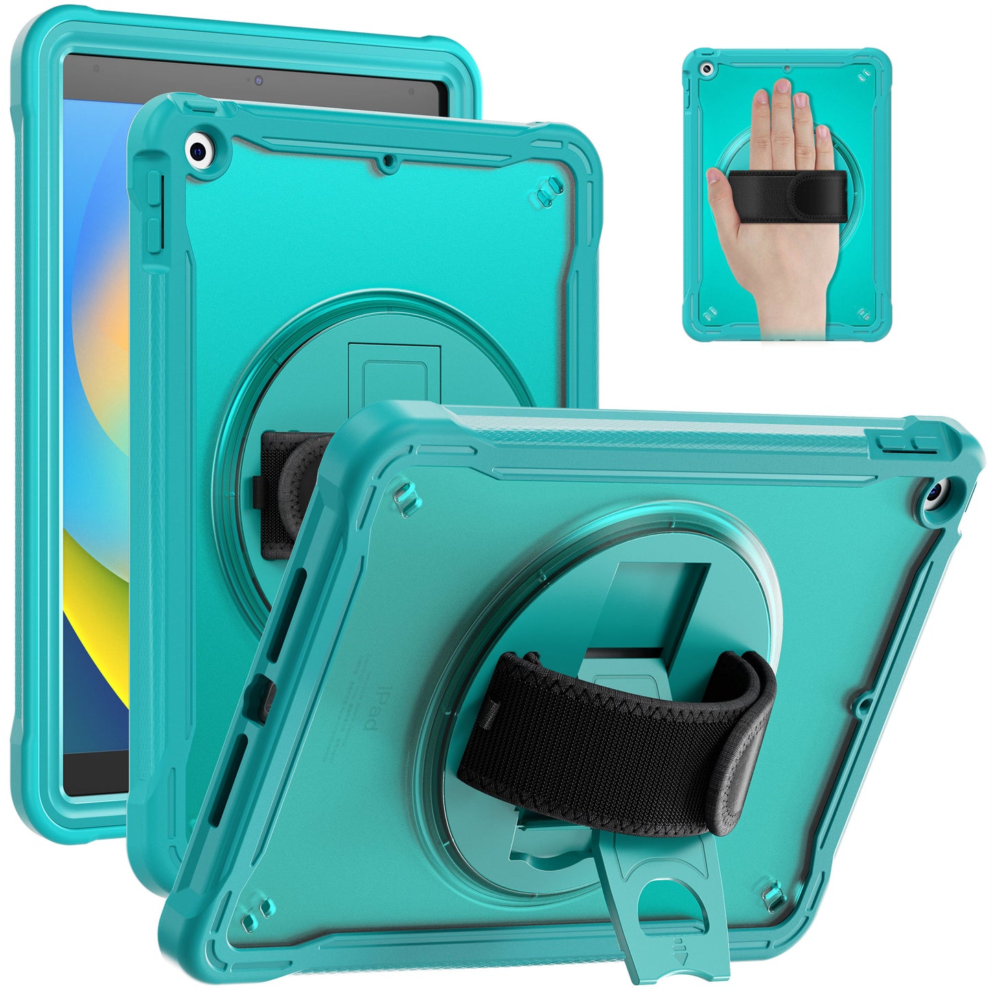 For iPad 10.2 (2021) / (2019) / (2020) PC+TPU Tablet Case Anti-Drop Rotating Kickstand Cover with Handle Strap