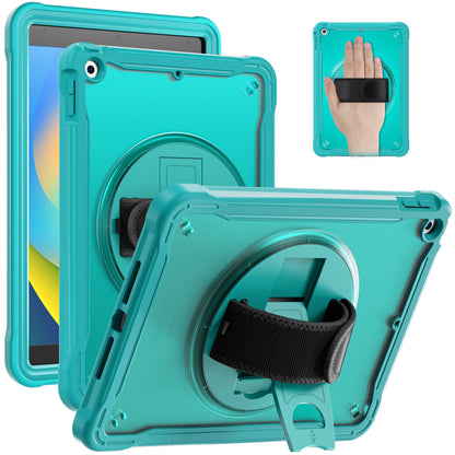 For iPad 10.2 (2021) / (2019) / (2020) PC+TPU Tablet Case Anti-Drop Rotating Kickstand Cover with Handle Strap