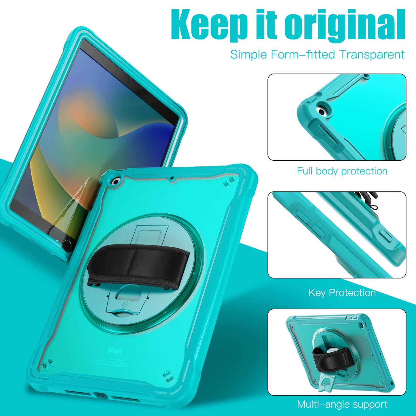 For iPad 10.2 (2021) / (2019) / (2020) PC+TPU Tablet Case Anti-Drop Rotating Kickstand Cover with Handle Strap