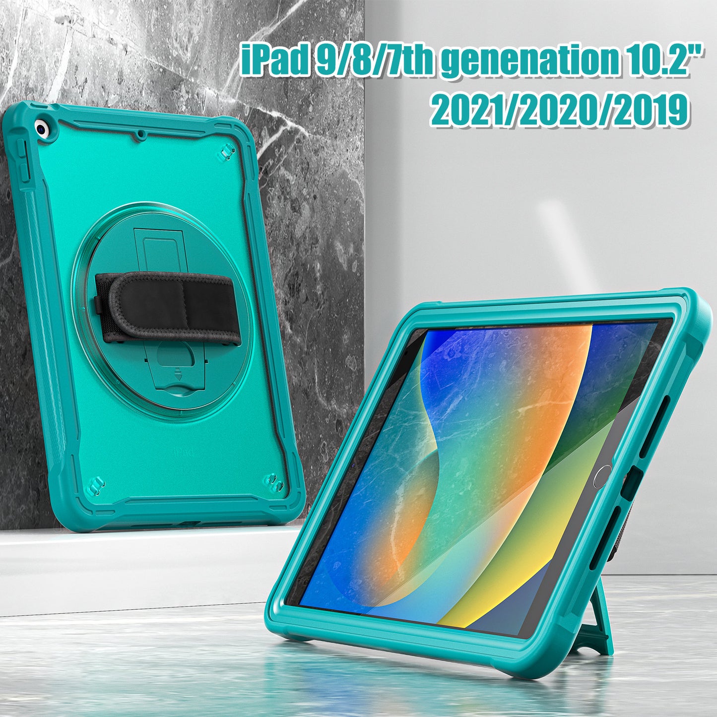For iPad 10.2 (2021) / (2019) / (2020) PC+TPU Tablet Case Anti-Drop Rotating Kickstand Cover with Handle Strap