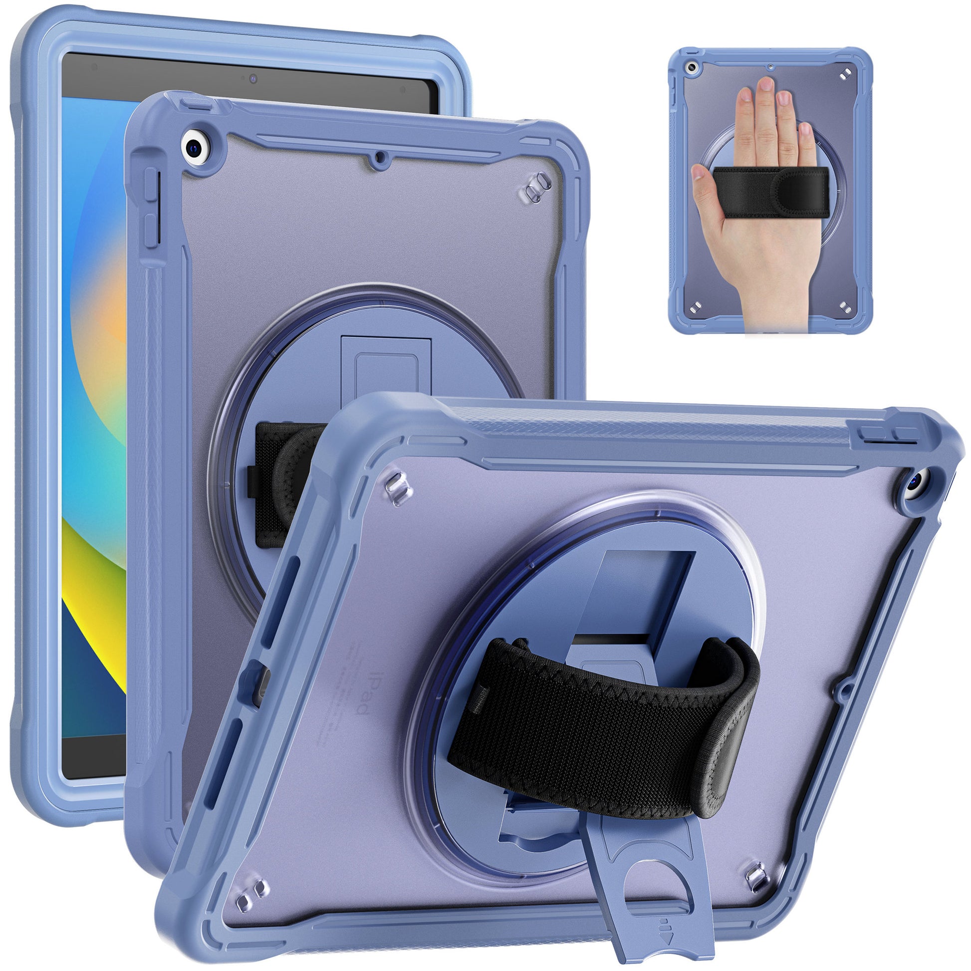 For iPad 10.2 (2021) / (2019) / (2020) PC+TPU Tablet Case Anti-Drop Rotating Kickstand Cover with Handle Strap