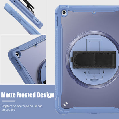 For iPad 10.2 (2021) / (2019) / (2020) PC+TPU Tablet Case Anti-Drop Rotating Kickstand Cover with Handle Strap
