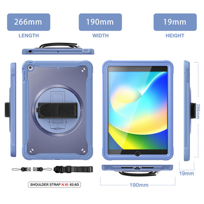 For iPad 10.2 (2021) / (2019) / (2020) PC+TPU Tablet Case Anti-Drop Rotating Kickstand Cover with Handle Strap