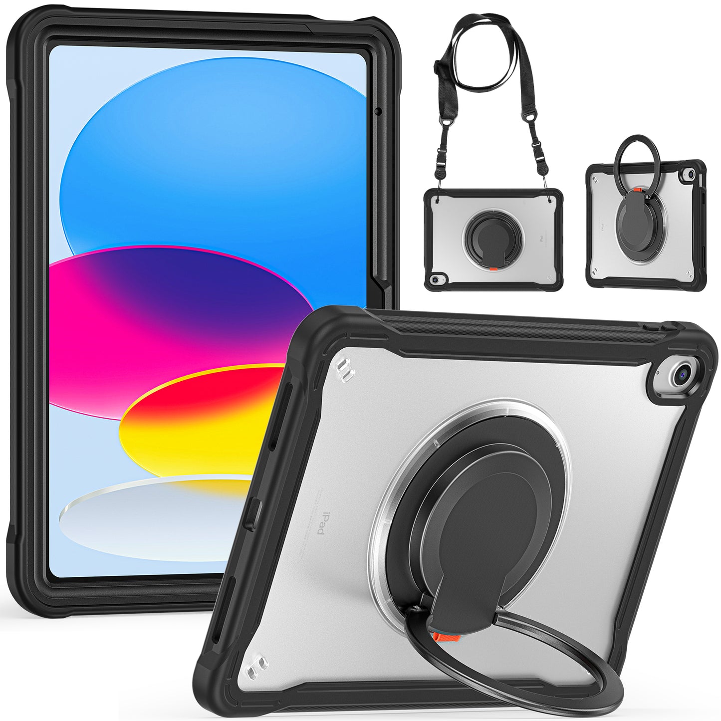 Shockproof Kickstand Case for iPad 10.9 (2022) PC+TPU Hand Strap Tablet Cover with Shoulder Strap