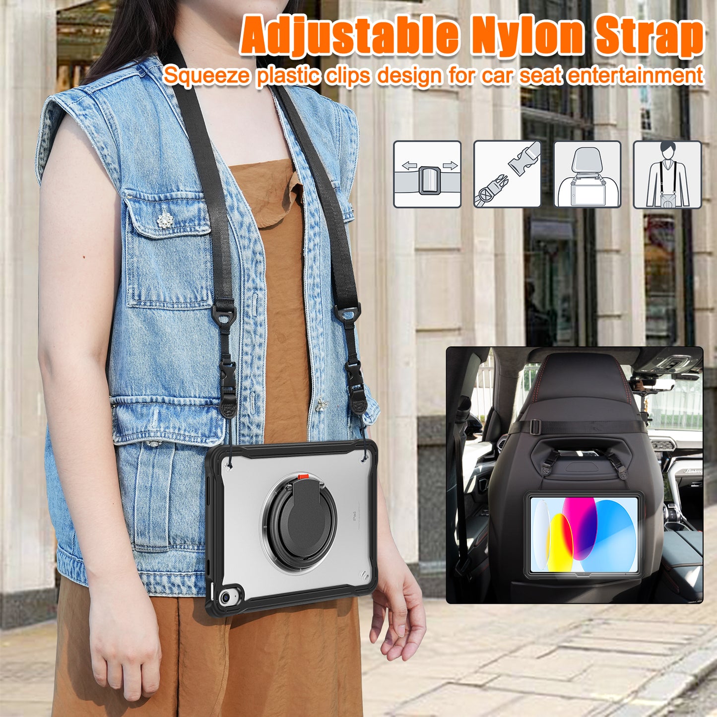 Shockproof Kickstand Case for iPad 10.9 (2022) PC+TPU Hand Strap Tablet Cover with Shoulder Strap