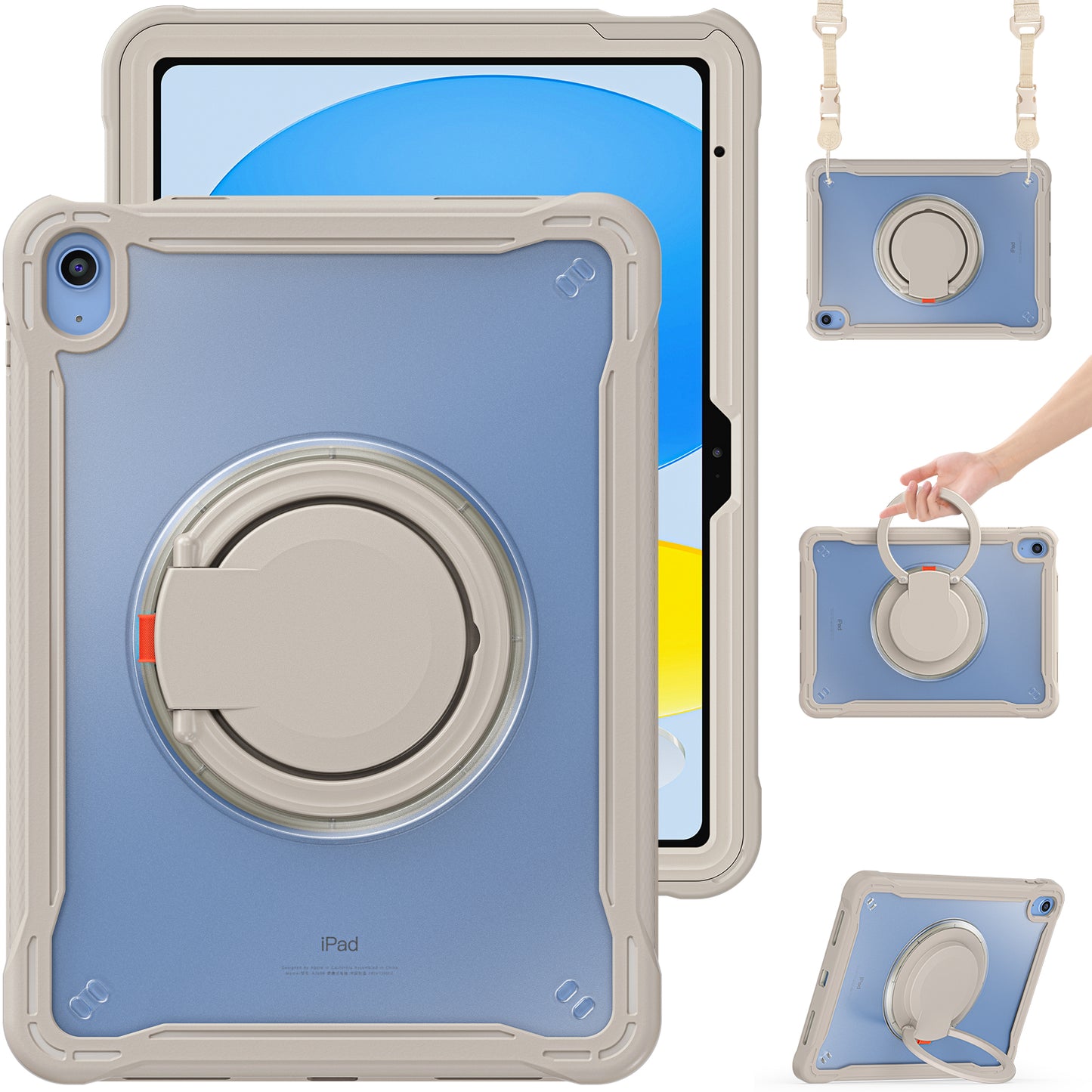 Shockproof Kickstand Case for iPad 10.9 (2022) PC+TPU Hand Strap Tablet Cover with Shoulder Strap