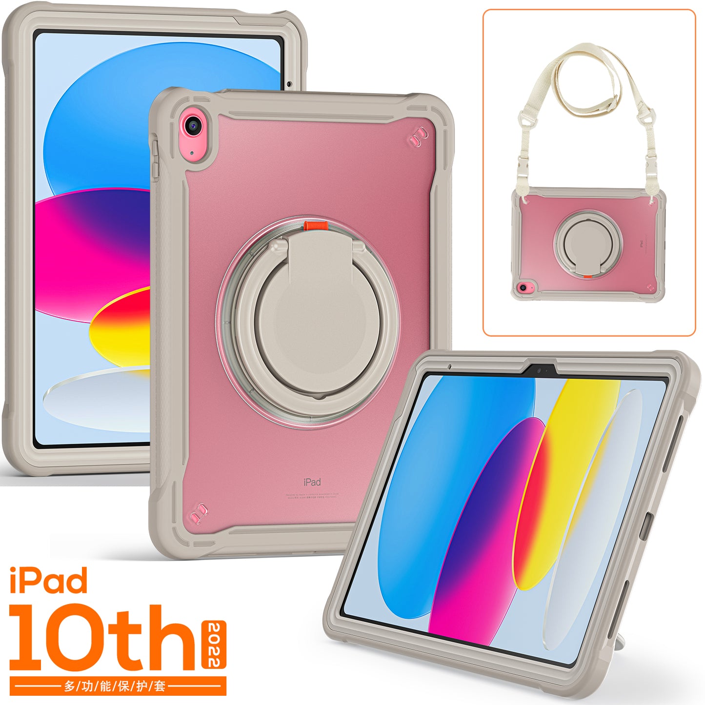 Shockproof Kickstand Case for iPad 10.9 (2022) PC+TPU Hand Strap Tablet Cover with Shoulder Strap