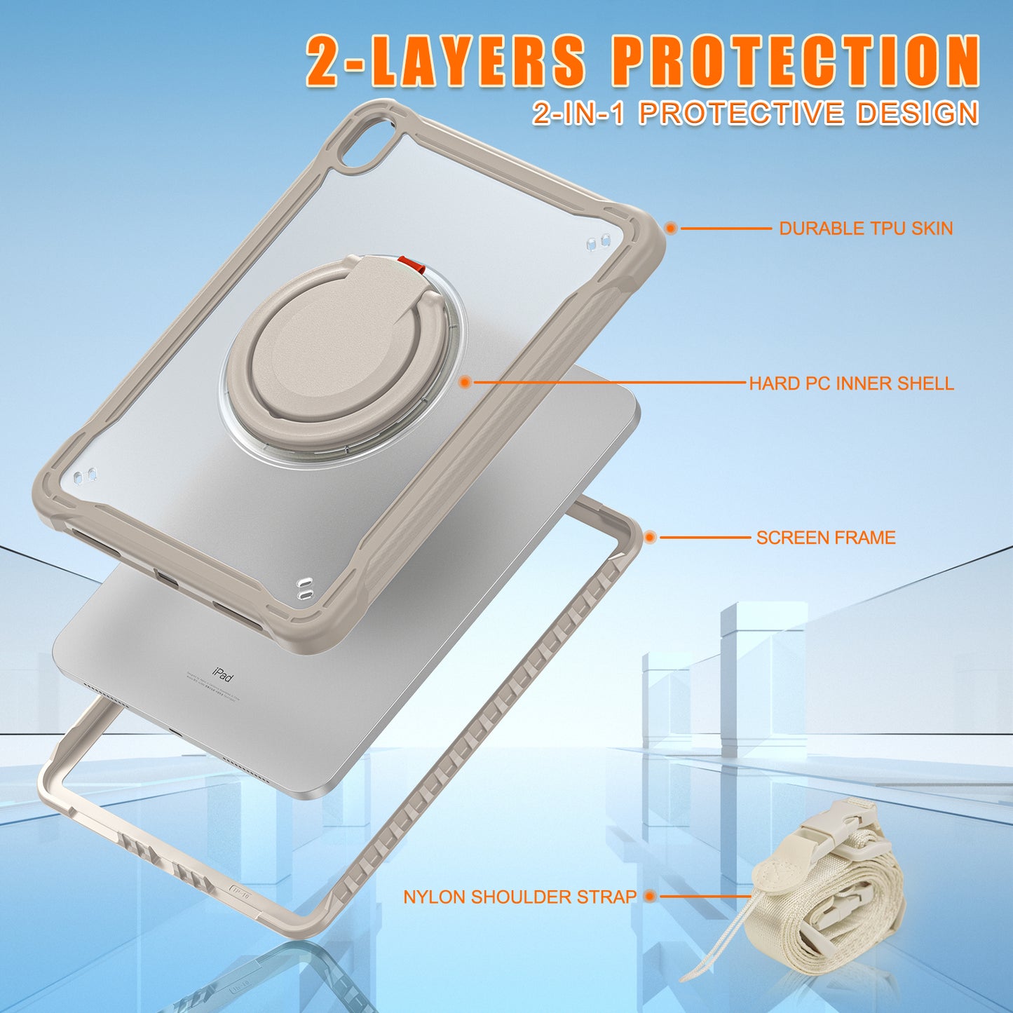 Shockproof Kickstand Case for iPad 10.9 (2022) PC+TPU Hand Strap Tablet Cover with Shoulder Strap