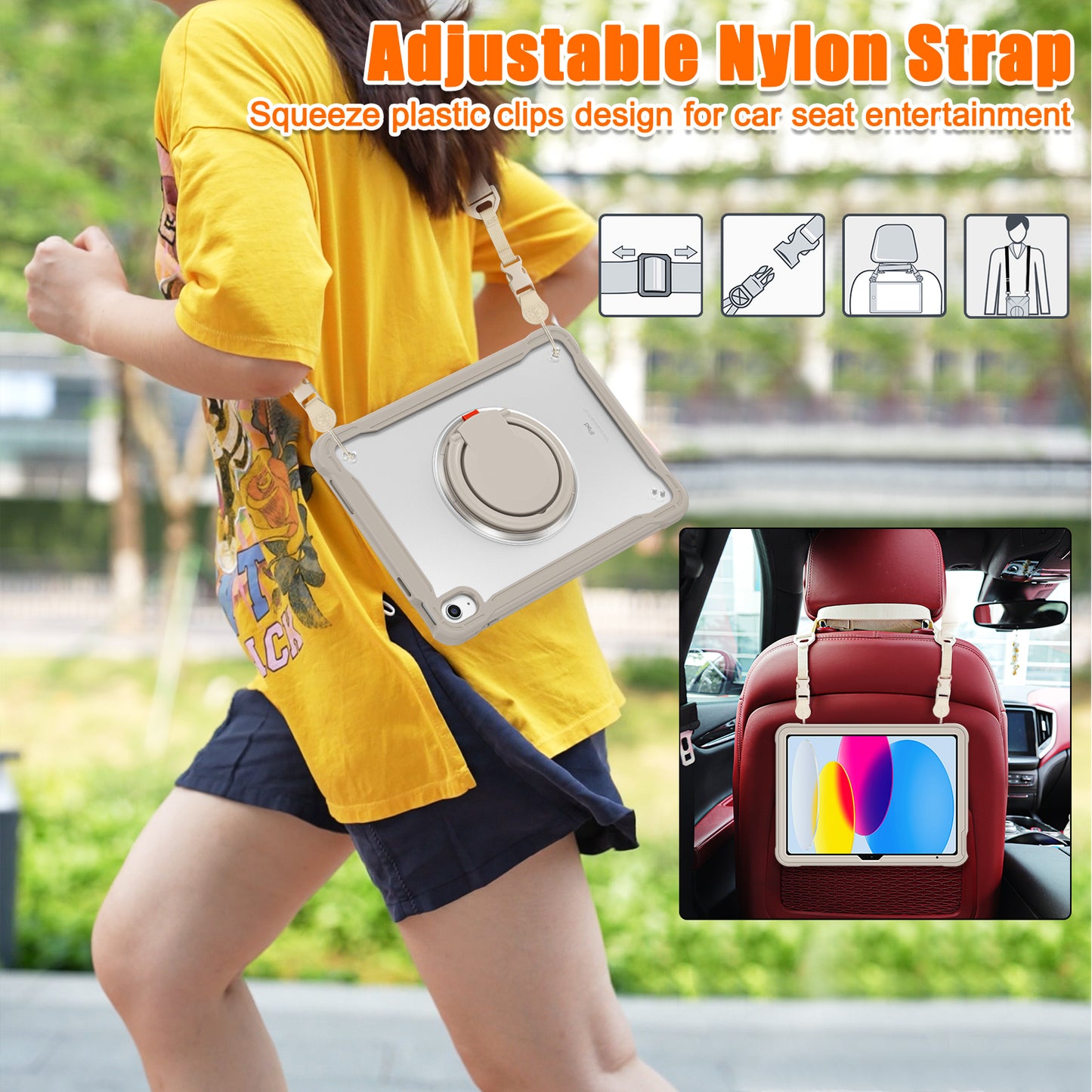 Shockproof Kickstand Case for iPad 10.9 (2022) PC+TPU Hand Strap Tablet Cover with Shoulder Strap