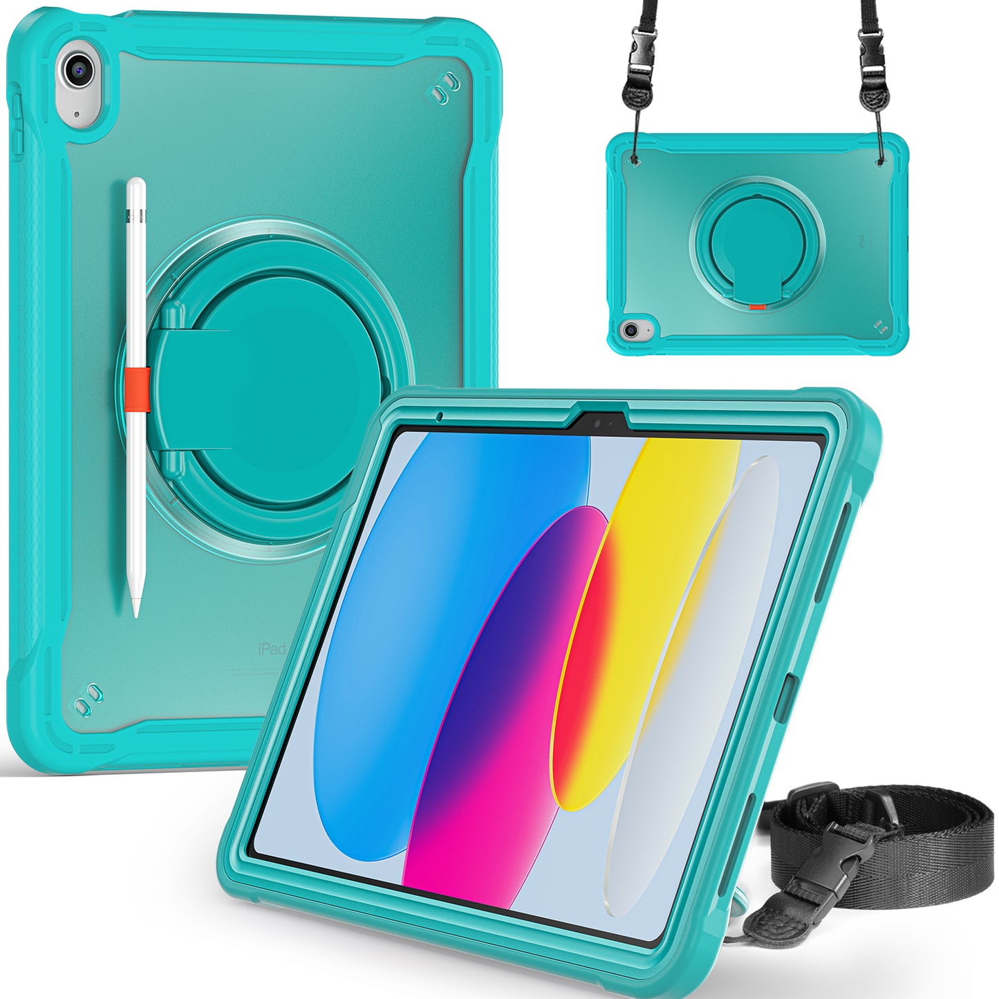 Shockproof Kickstand Case for iPad 10.9 (2022) PC+TPU Hand Strap Tablet Cover with Shoulder Strap