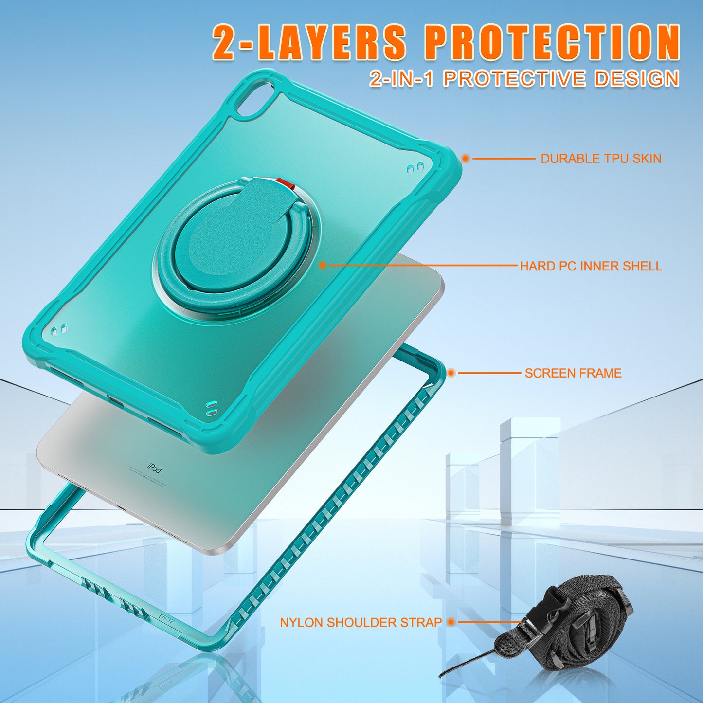 Shockproof Kickstand Case for iPad 10.9 (2022) PC+TPU Hand Strap Tablet Cover with Shoulder Strap