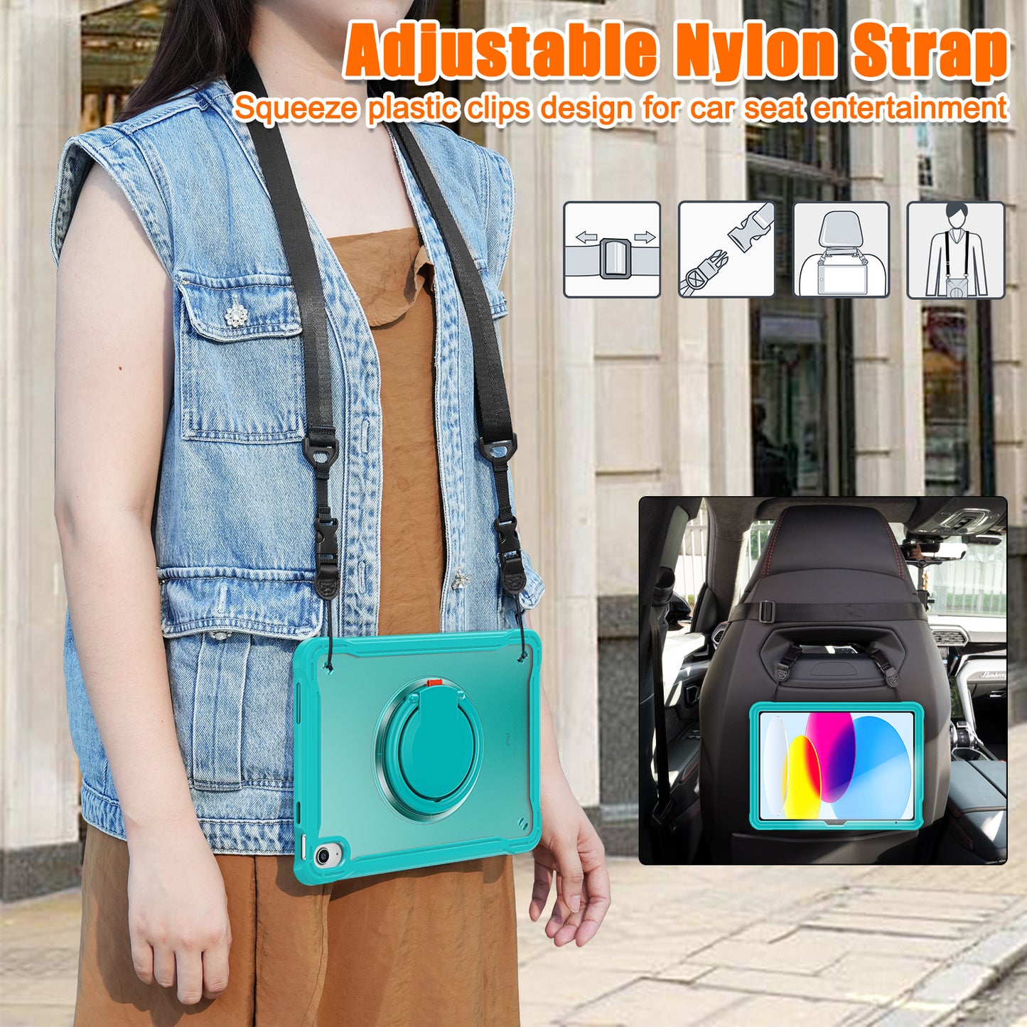 Shockproof Kickstand Case for iPad 10.9 (2022) PC+TPU Hand Strap Tablet Cover with Shoulder Strap