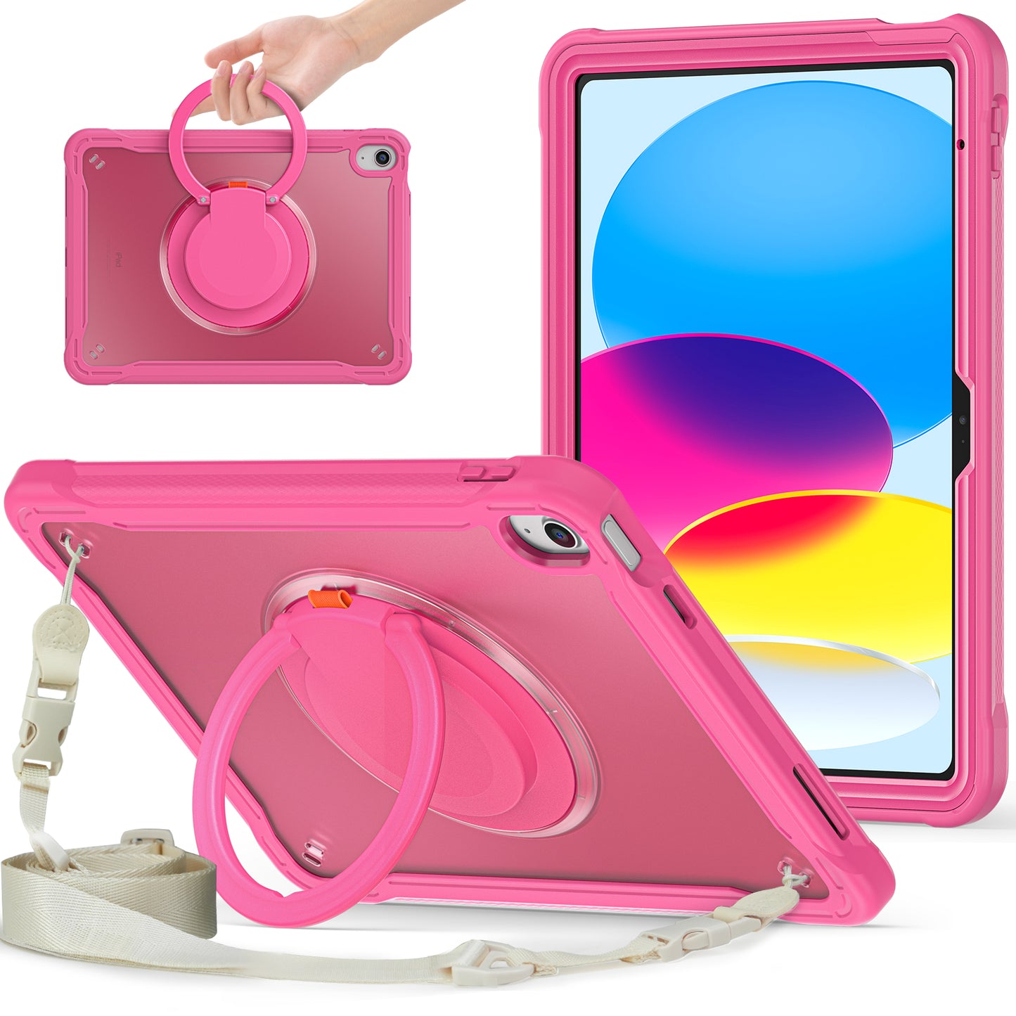 Shockproof Kickstand Case for iPad 10.9 (2022) PC+TPU Hand Strap Tablet Cover with Shoulder Strap