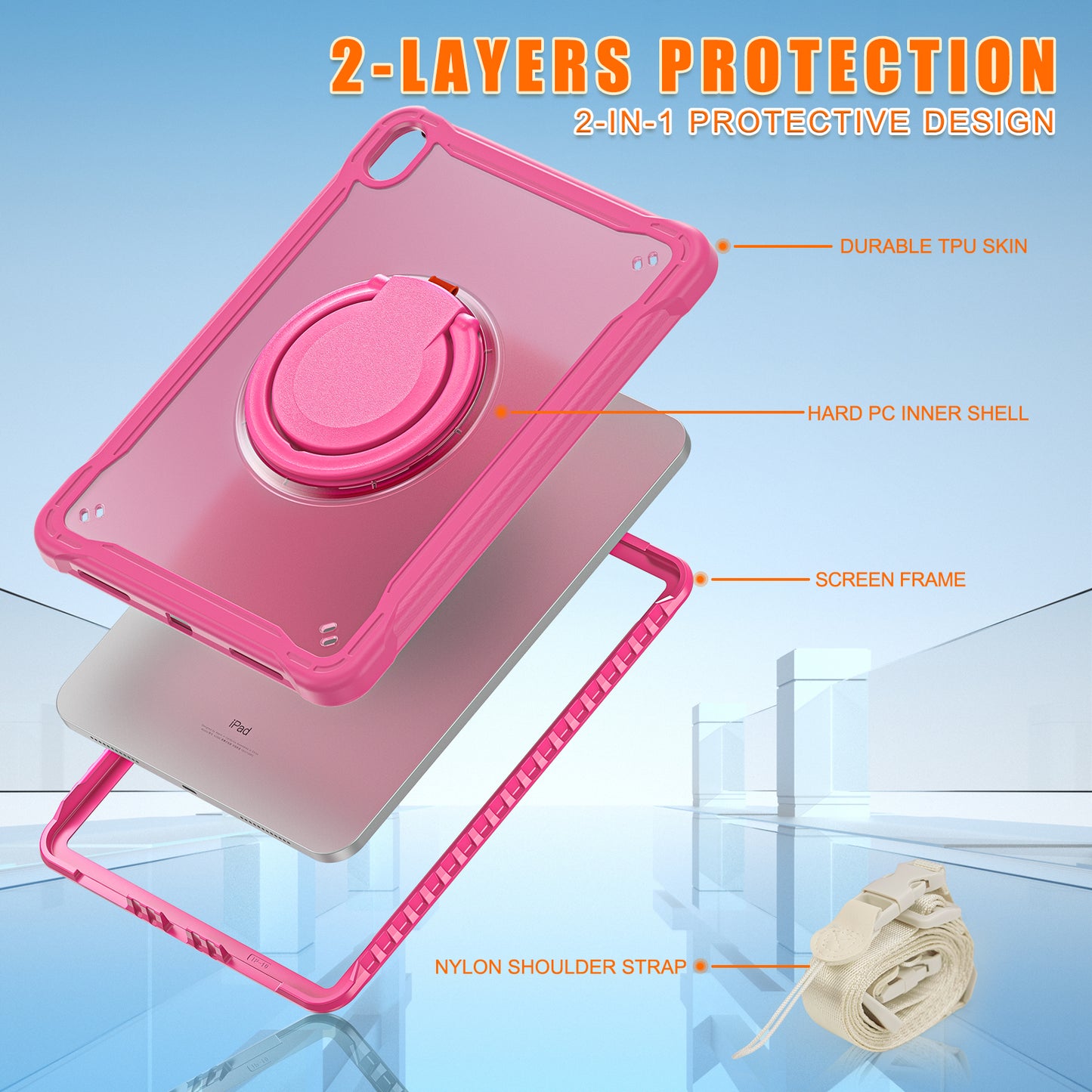 Shockproof Kickstand Case for iPad 10.9 (2022) PC+TPU Hand Strap Tablet Cover with Shoulder Strap