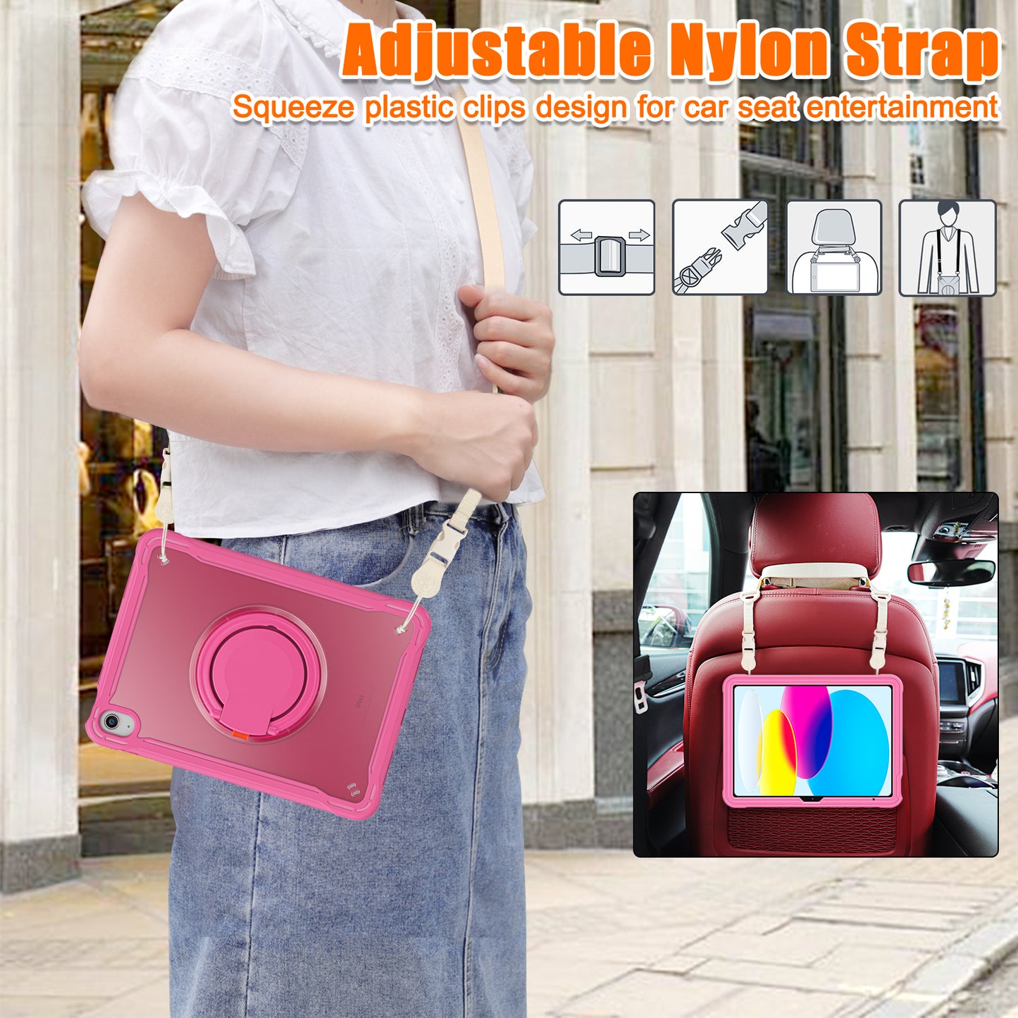 Shockproof Kickstand Case for iPad 10.9 (2022) PC+TPU Hand Strap Tablet Cover with Shoulder Strap