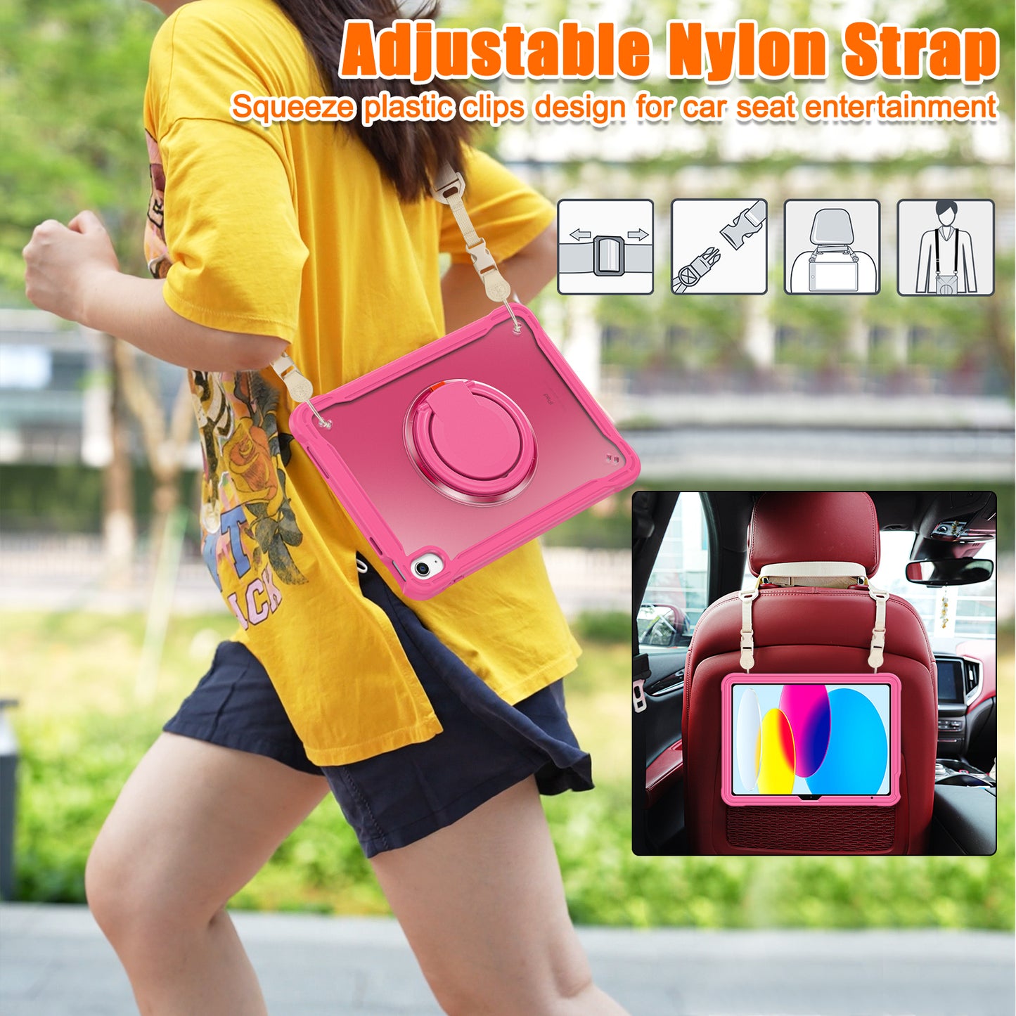 Shockproof Kickstand Case for iPad 10.9 (2022) PC+TPU Hand Strap Tablet Cover with Shoulder Strap