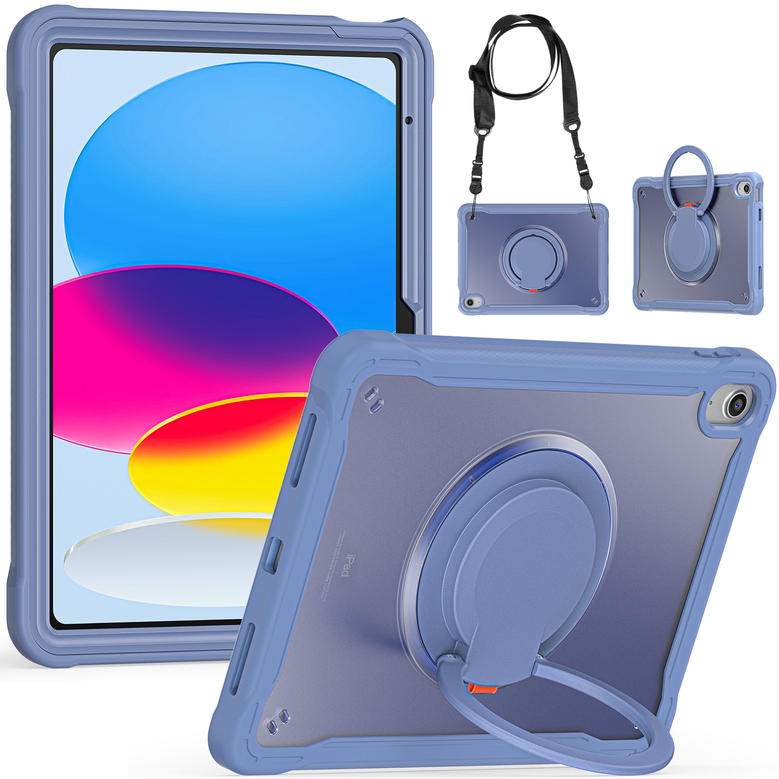Shockproof Kickstand Case for iPad 10.9 (2022) PC+TPU Hand Strap Tablet Cover with Shoulder Strap