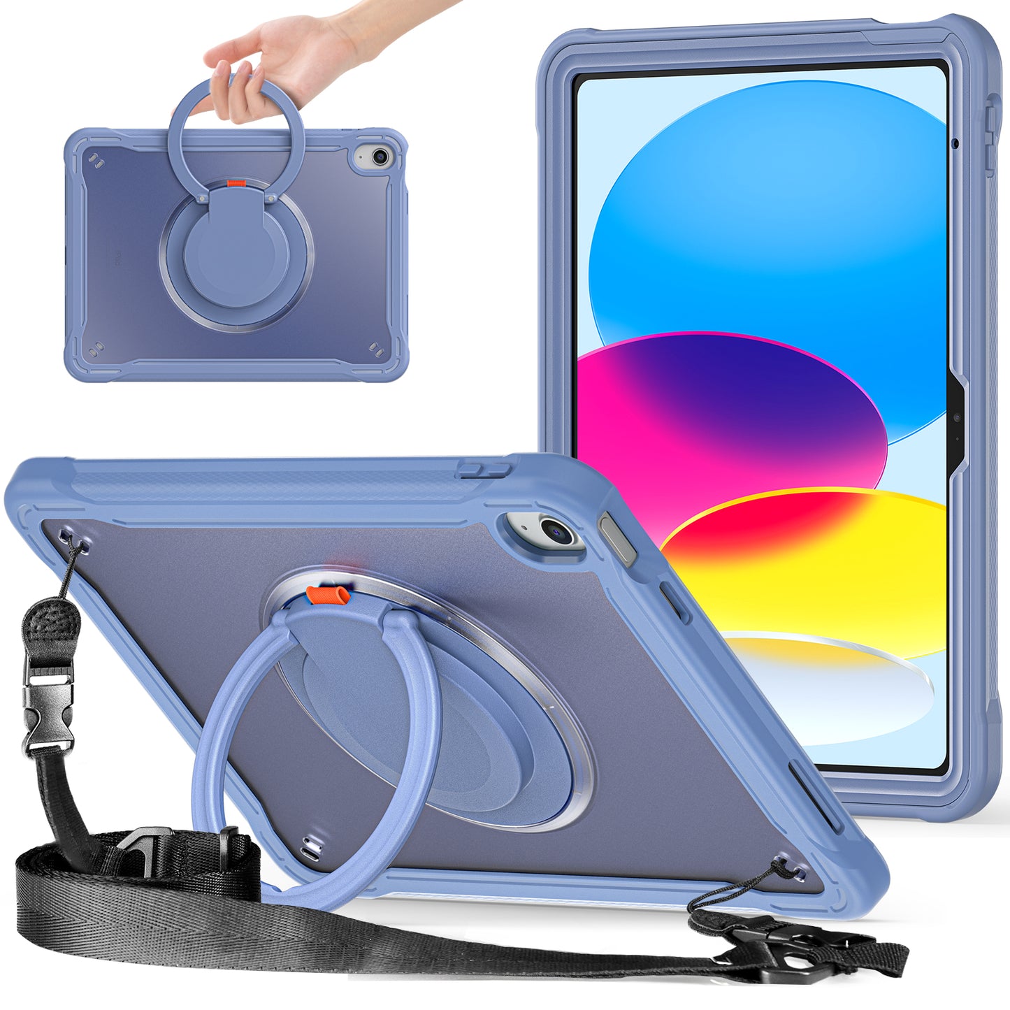 Shockproof Kickstand Case for iPad 10.9 (2022) PC+TPU Hand Strap Tablet Cover with Shoulder Strap