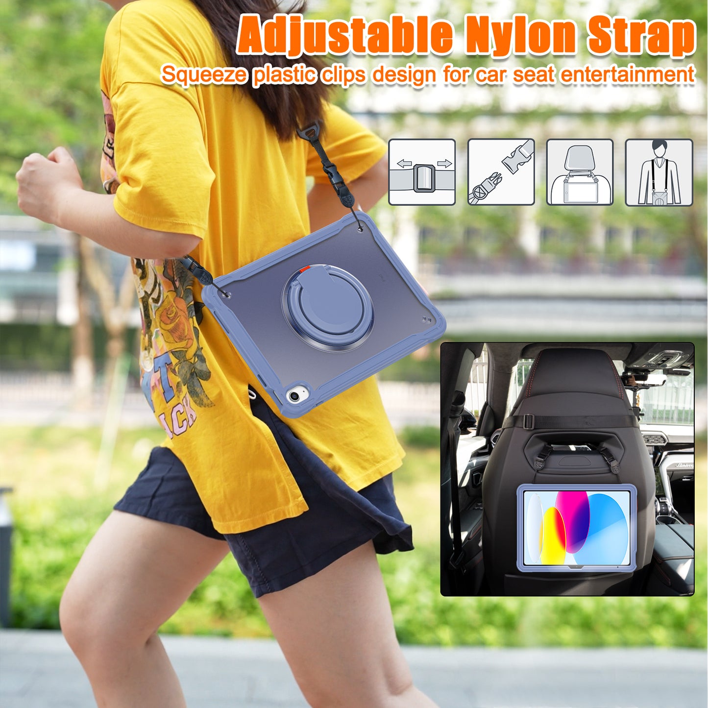 Shockproof Kickstand Case for iPad 10.9 (2022) PC+TPU Hand Strap Tablet Cover with Shoulder Strap