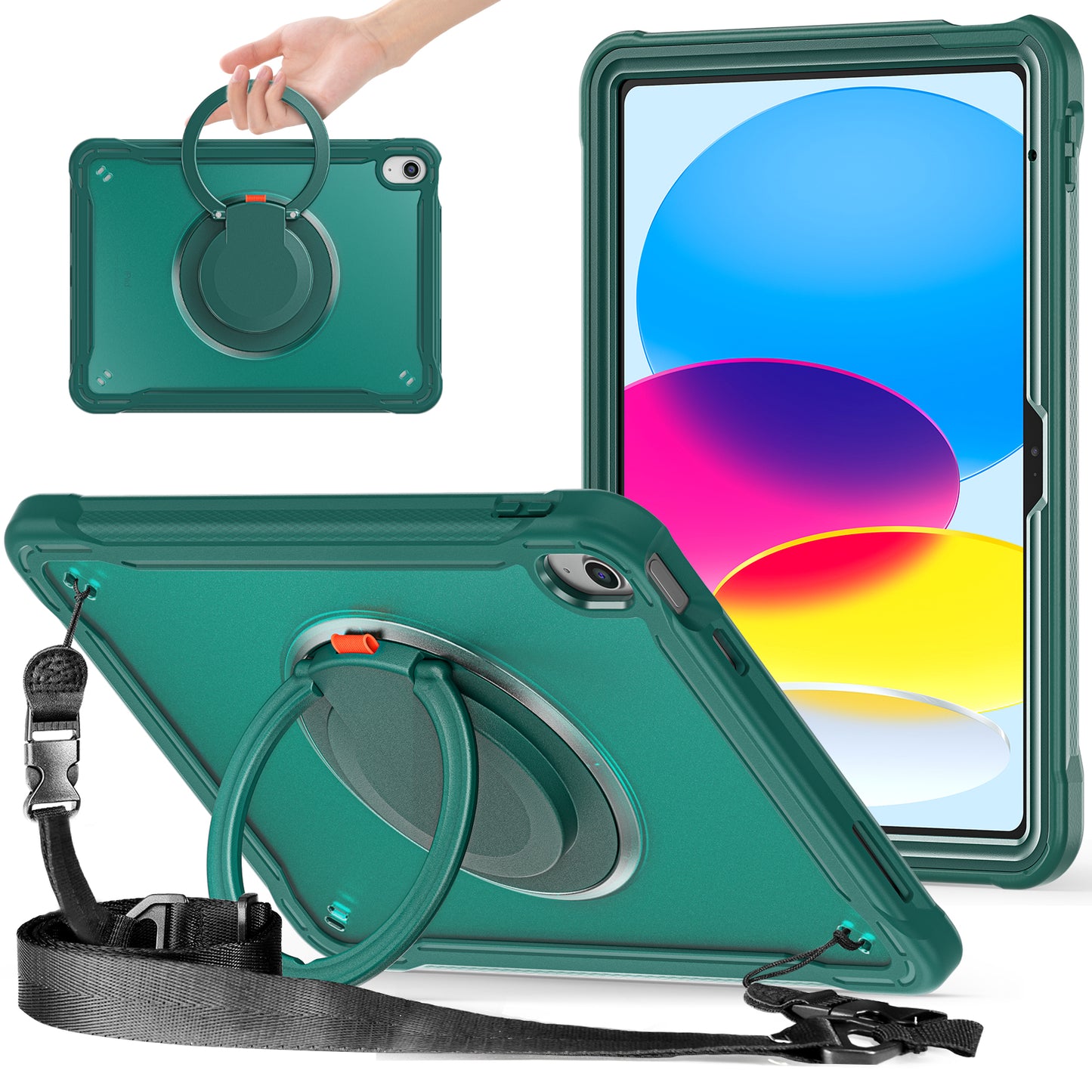 Shockproof Kickstand Case for iPad 10.9 (2022) PC+TPU Hand Strap Tablet Cover with Shoulder Strap