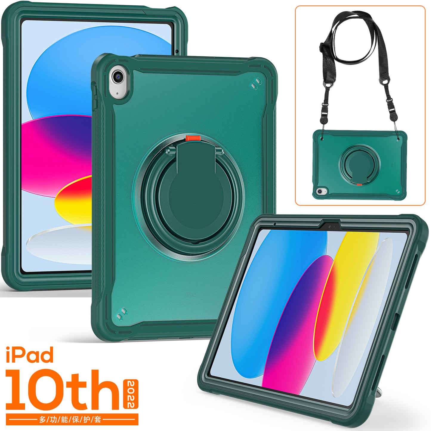 Shockproof Kickstand Case for iPad 10.9 (2022) PC+TPU Hand Strap Tablet Cover with Shoulder Strap