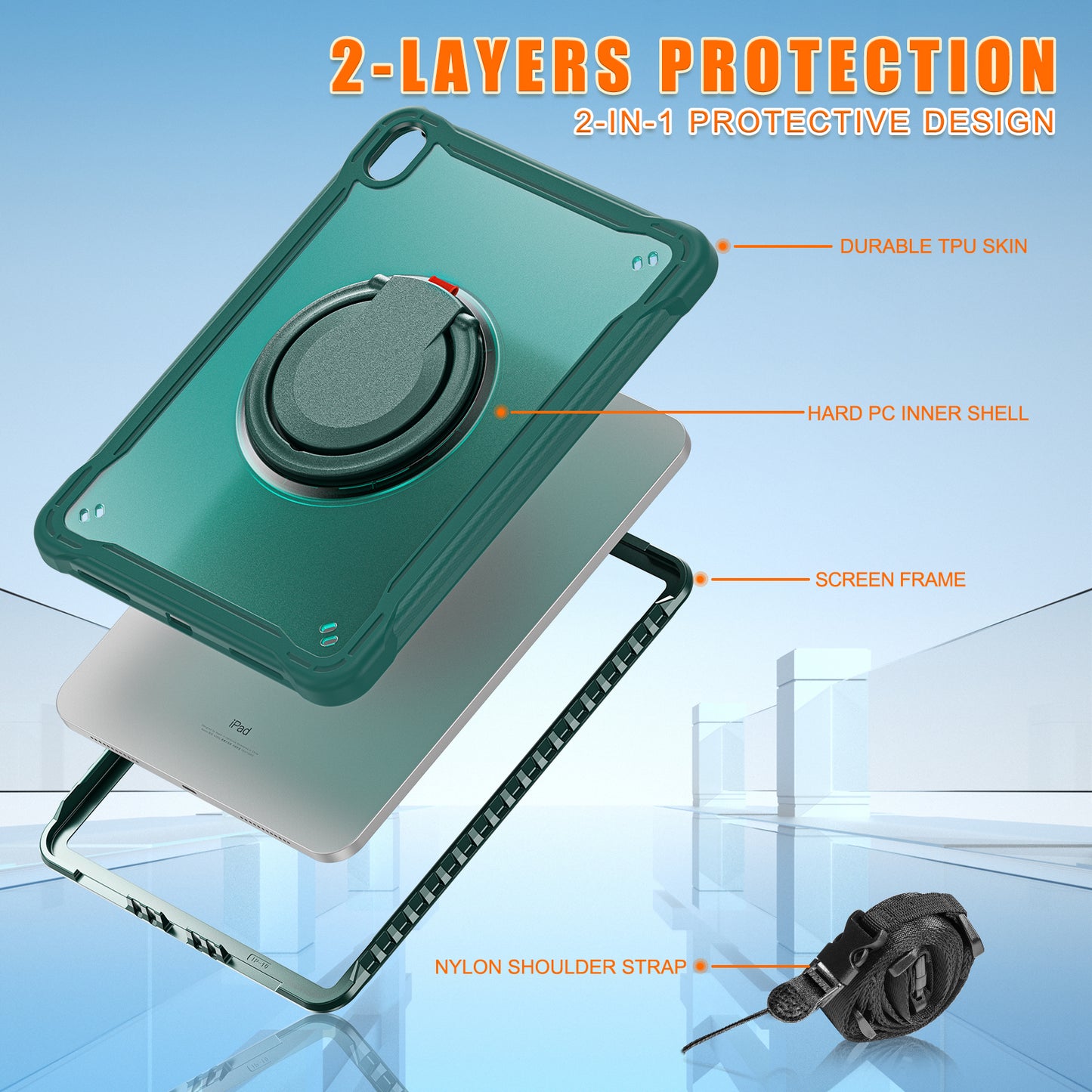 Shockproof Kickstand Case for iPad 10.9 (2022) PC+TPU Hand Strap Tablet Cover with Shoulder Strap