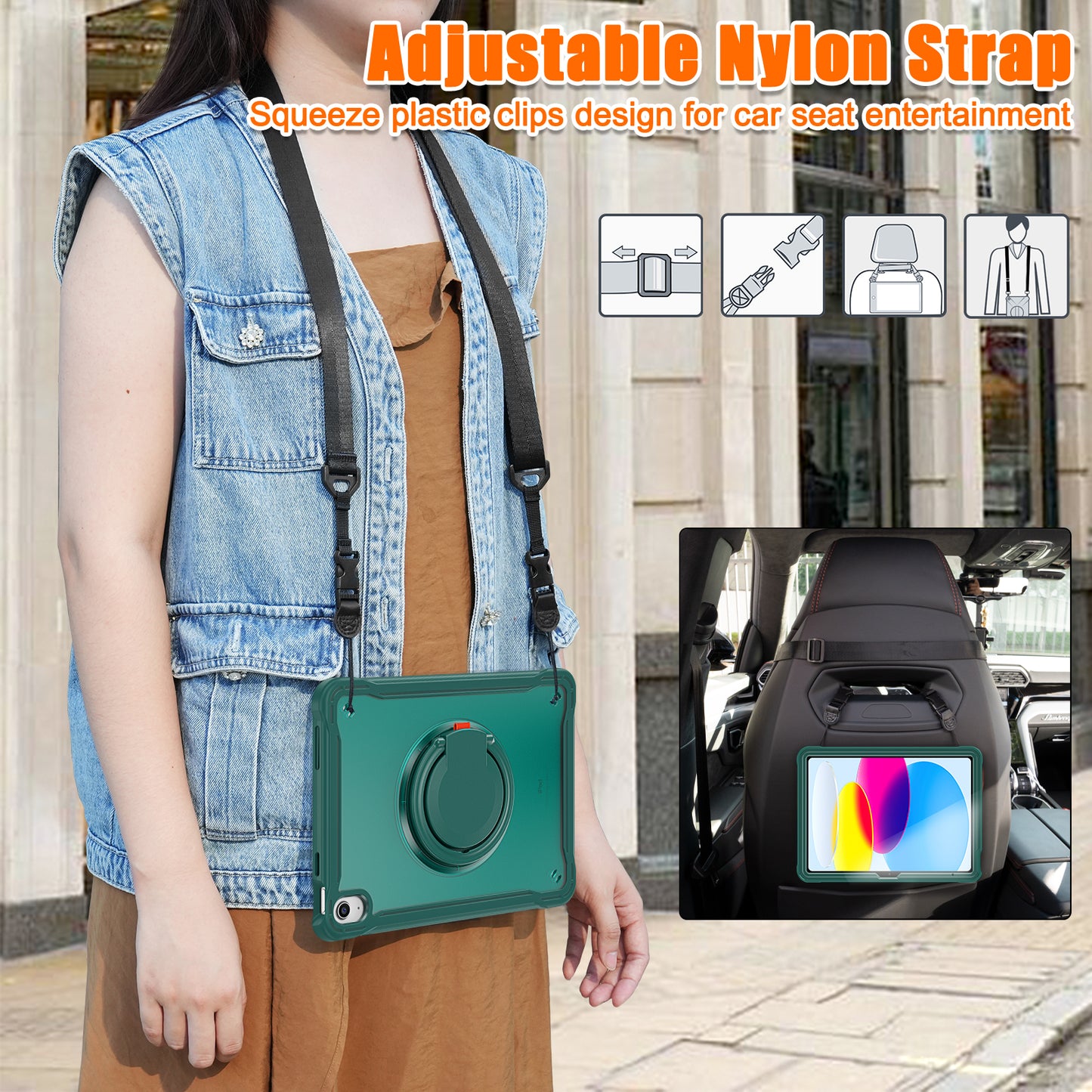 Shockproof Kickstand Case for iPad 10.9 (2022) PC+TPU Hand Strap Tablet Cover with Shoulder Strap