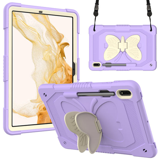 Anti-scratch Silicone + PC Tablet Case for Samsung Galaxy Tab S9 Butterfly Shape Kickstand Cover with Shoulder Strap