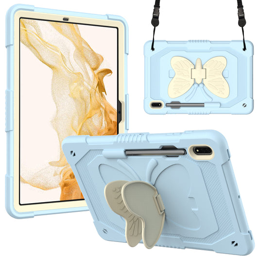 Anti-scratch Silicone + PC Tablet Case for Samsung Galaxy Tab S9 Butterfly Shape Kickstand Cover with Shoulder Strap