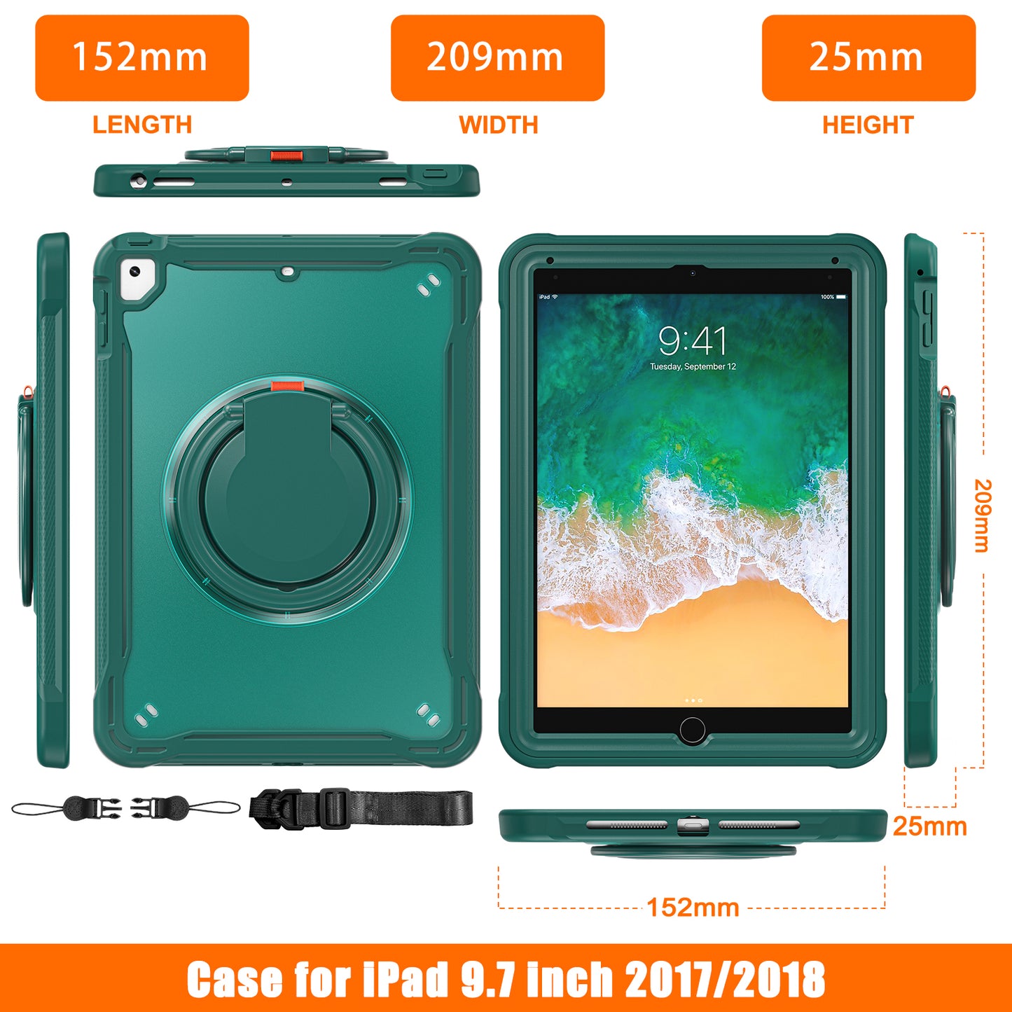 For iPad Air (2013) / Air 2 / iPad Pro 9.7 inch (2016) / iPad 9.7-inch (2017) / (2018) Kickstand Cover PC+TPU Handle Grip Tablet Case