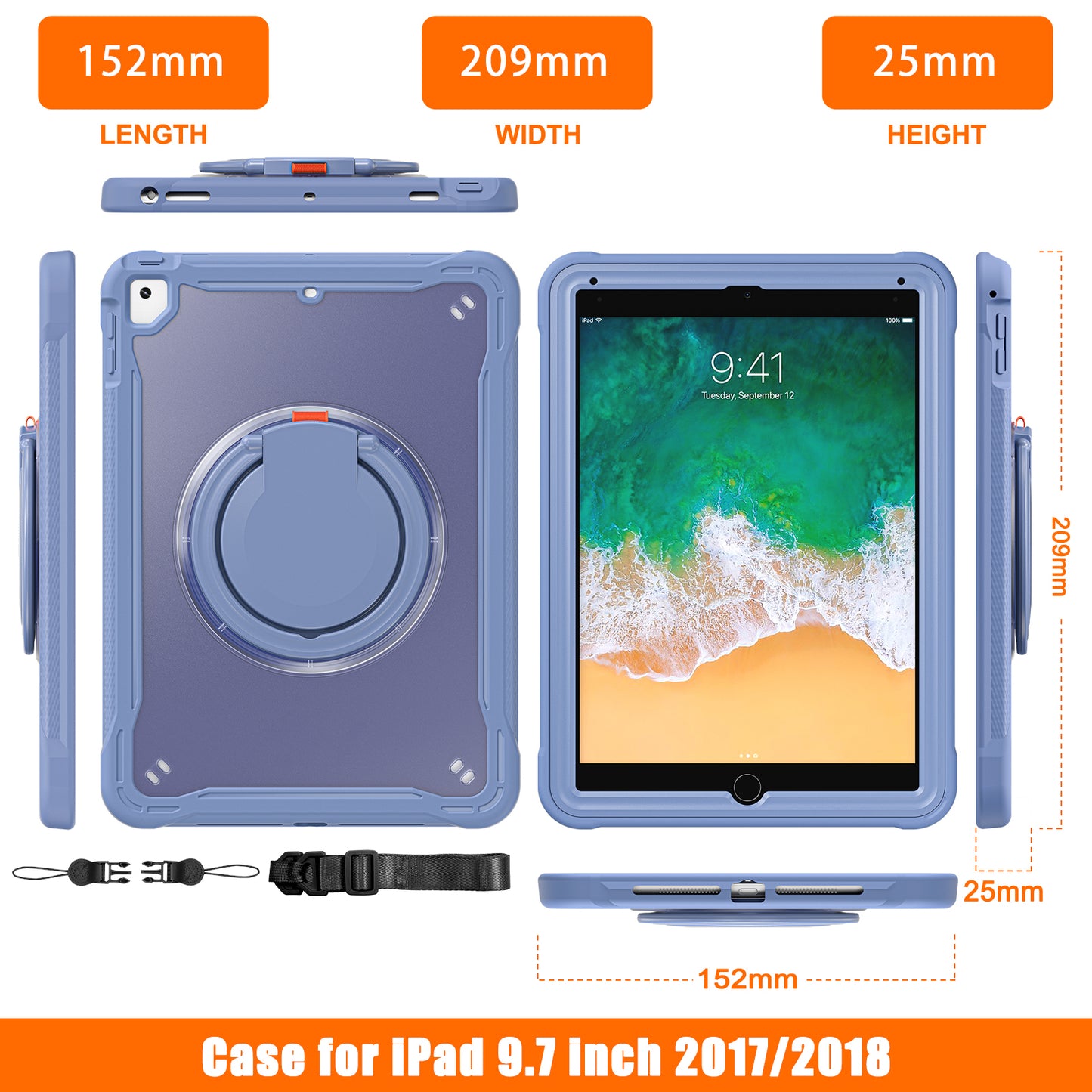 For iPad Air (2013) / Air 2 / iPad Pro 9.7 inch (2016) / iPad 9.7-inch (2017) / (2018) Kickstand Cover PC+TPU Handle Grip Tablet Case