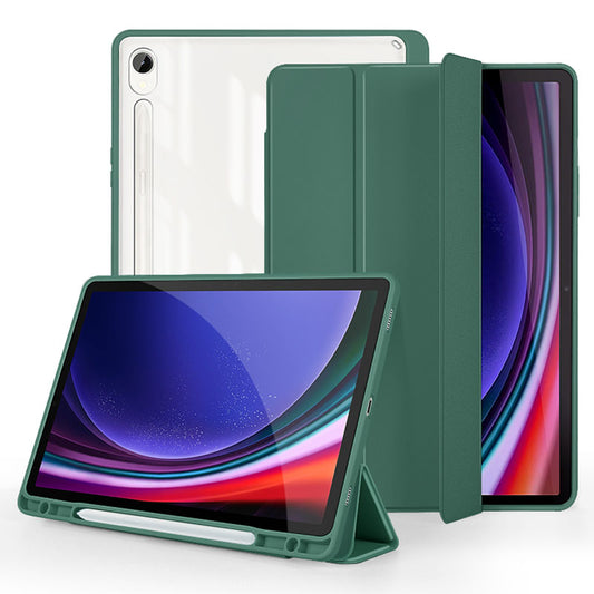 For Samsung Galaxy Tab S9 Protective Tablet Case Tri-Fold Stand PC+TPU+PU Clear Back Flip Cover