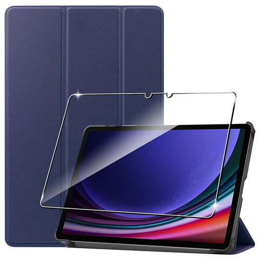 For Samsung Galaxy Tab S9 Tri-fold Stand PU Leather Tablet Case with 2.5D Tempered Glass Screen Protector