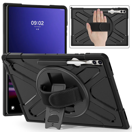 Kickstand Tablet Case for Samsung Galaxy Tab S8 Ultra X900 X906 / Tab S9 Ultra X910 , Rugged Shockproof PC + TPU Cover with Hand Strap