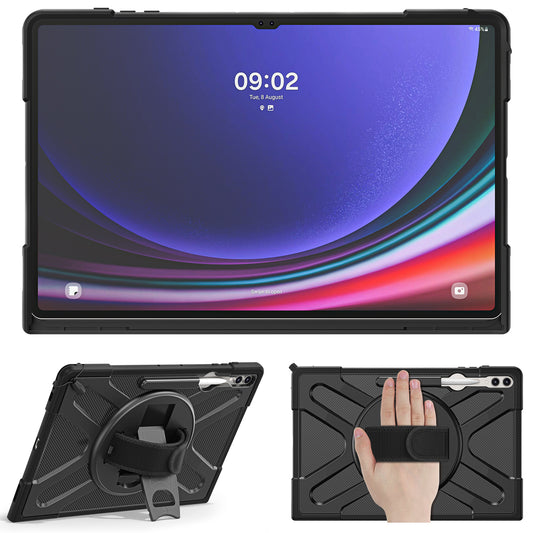 Kickstand Tablet Case for Samsung Galaxy Tab S8 Ultra X900 X906 / Tab S9 Ultra X910 , Rugged Shockproof PC + TPU Cover with Hand Strap