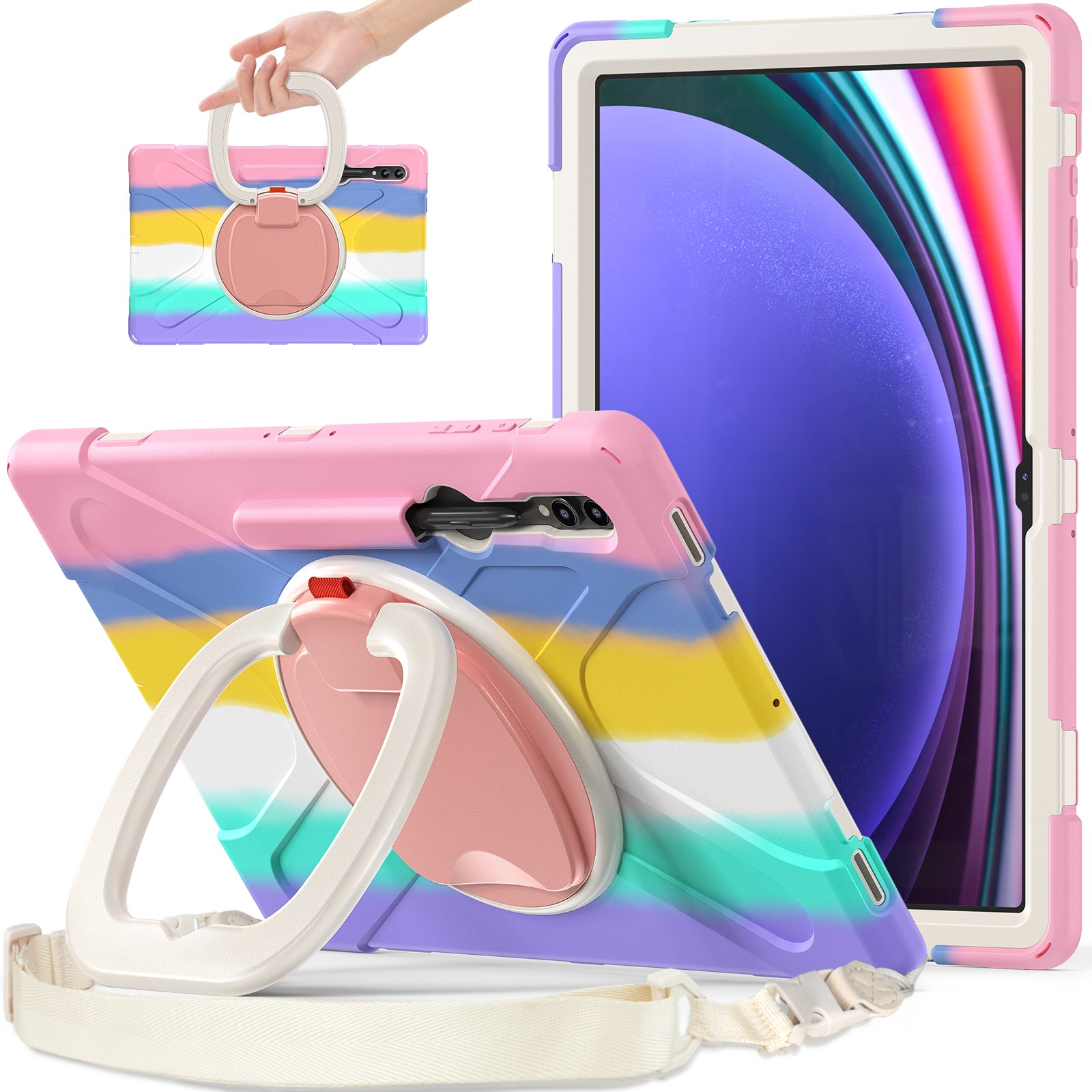 For Samsung Samsung Galaxy Tab S9 X910  /  S8 Ultra X900  /  X906 PC+Silicone Tablet Case Rotating Kickstand Cover with Shoulder Strap