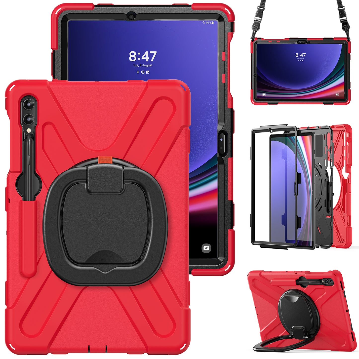 For Samsung Samsung Galaxy Tab S9 FE+ / S9+ / S8+ / S7+ Kickstand Tablet Case Shockproof PC+Silicone Cover, Shoulder Strap