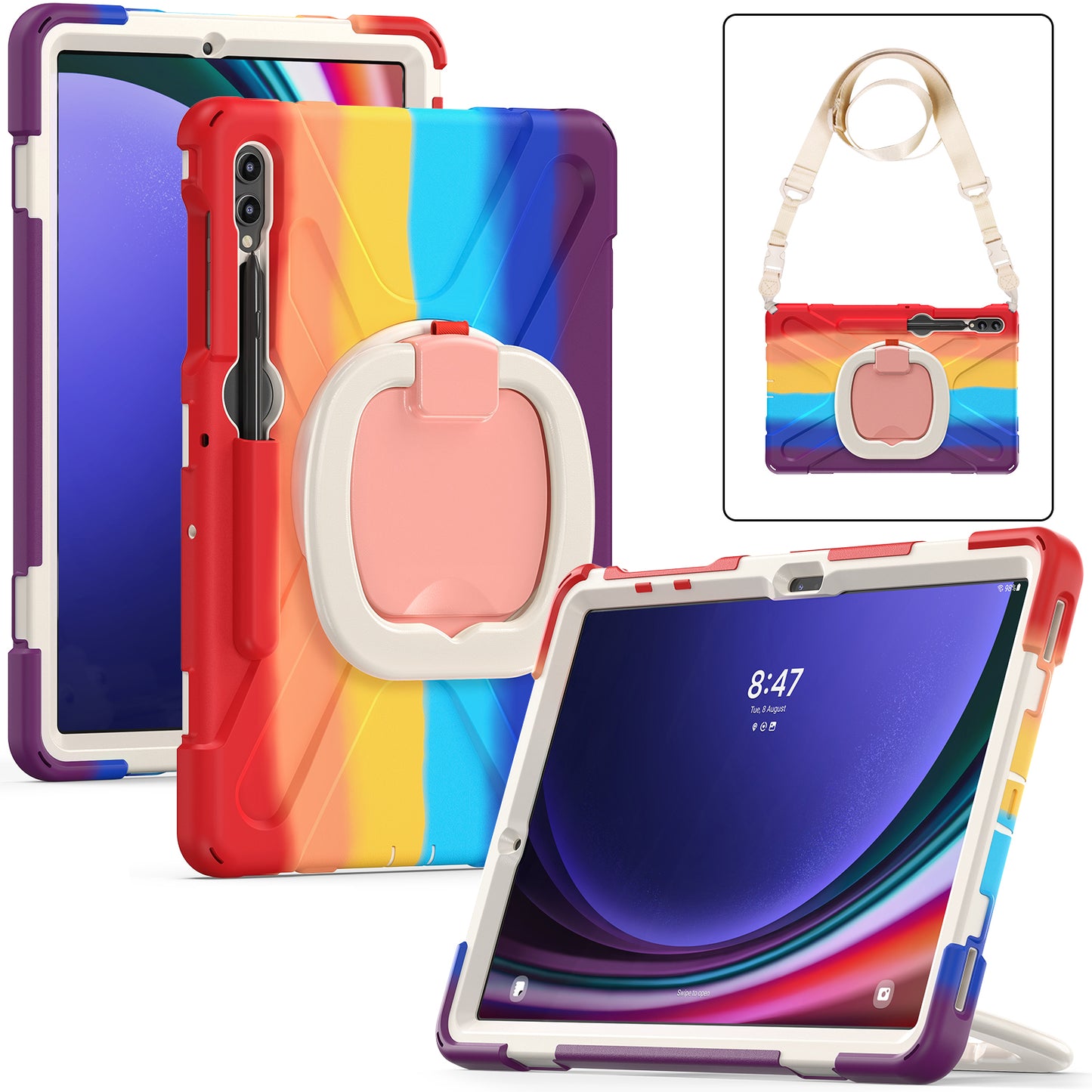 For Samsung Samsung Galaxy Tab S9 FE+ / S9+ / S8+ / S7+ Kickstand Tablet Case Shockproof PC+Silicone Cover, Shoulder Strap