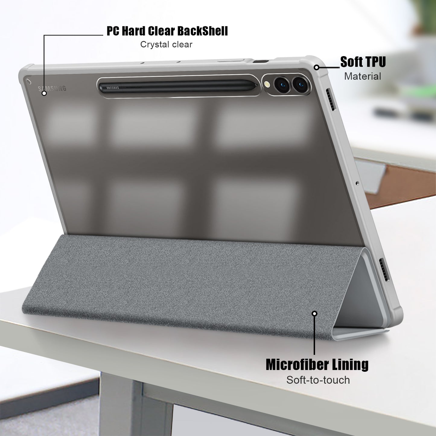 For Samsung Galaxy Tab S9+ (SM-X810 / SM-X816B / SM-X818U) Pen Slot Tablet Case Tri-fold Stand TPU+Acrylic+PU Leather Cover