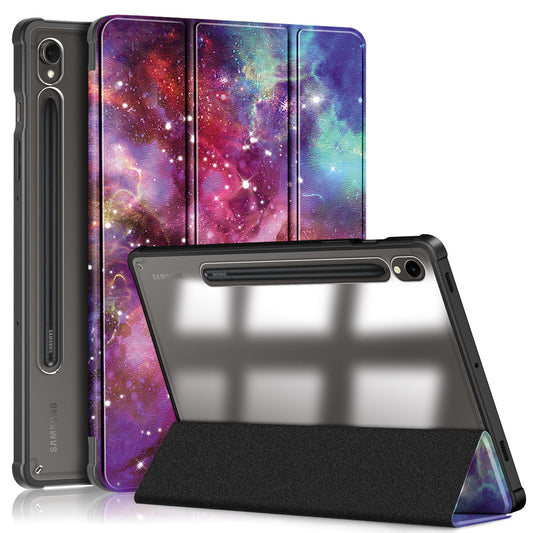 For Samsung Galaxy Tab S9 (SM-X710 / SM-X716B / SM-X718U) Tri-fold Stand Tablet Case Pattern Printing PU+TPU+Acrylic Protective Cover with Pen Slot