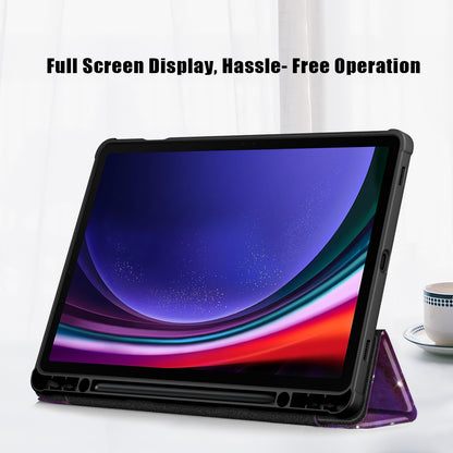 For Samsung Galaxy Tab S9 (SM-X710 / SM-X716B / SM-X718U) Tri-fold Stand Tablet Case Pattern Printing PU+TPU+Acrylic Protective Cover with Pen Slot