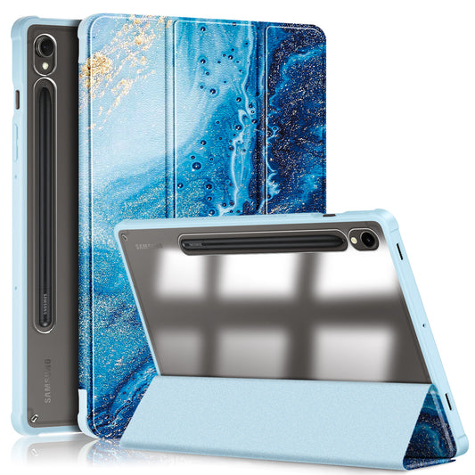 For Samsung Galaxy Tab S9 (SM-X710 / SM-X716B / SM-X718U) Tri-fold Stand Tablet Case Pattern Printing PU+TPU+Acrylic Protective Cover with Pen Slot