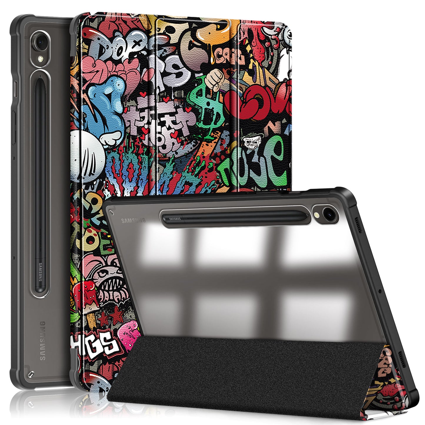 For Samsung Galaxy Tab S9 (SM-X710 / SM-X716B / SM-X718U) Tri-fold Stand Tablet Case Pattern Printing PU+TPU+Acrylic Protective Cover with Pen Slot